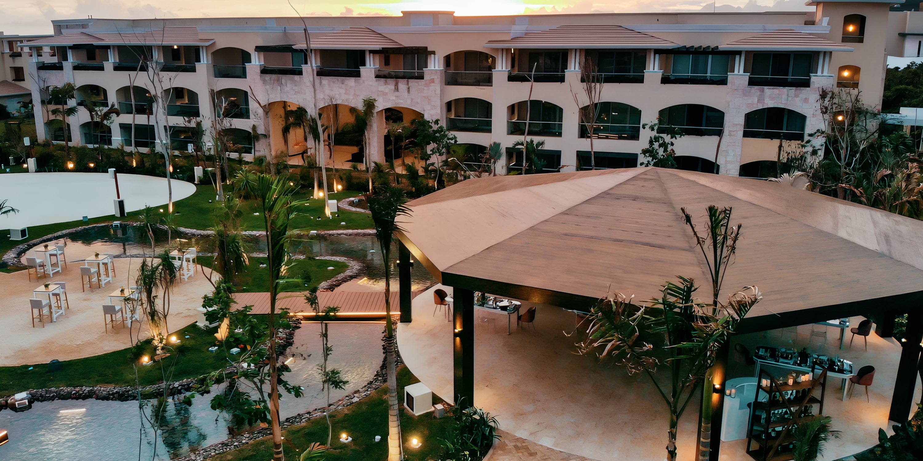 Moon Palace The Grand courtyard at sunset, perfect for a destination wedding with gazebo and garden.