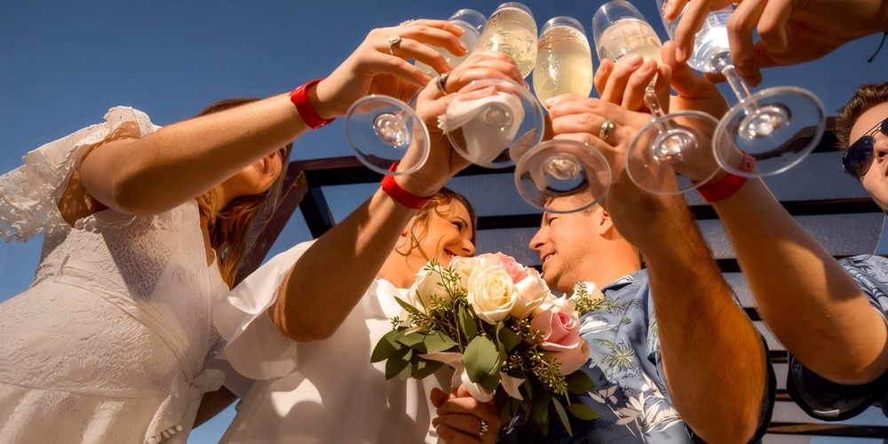 At Moon Palace The Grand, people celebrate a destination wedding with champagne and flowers against a backdrop of clear blue skies.