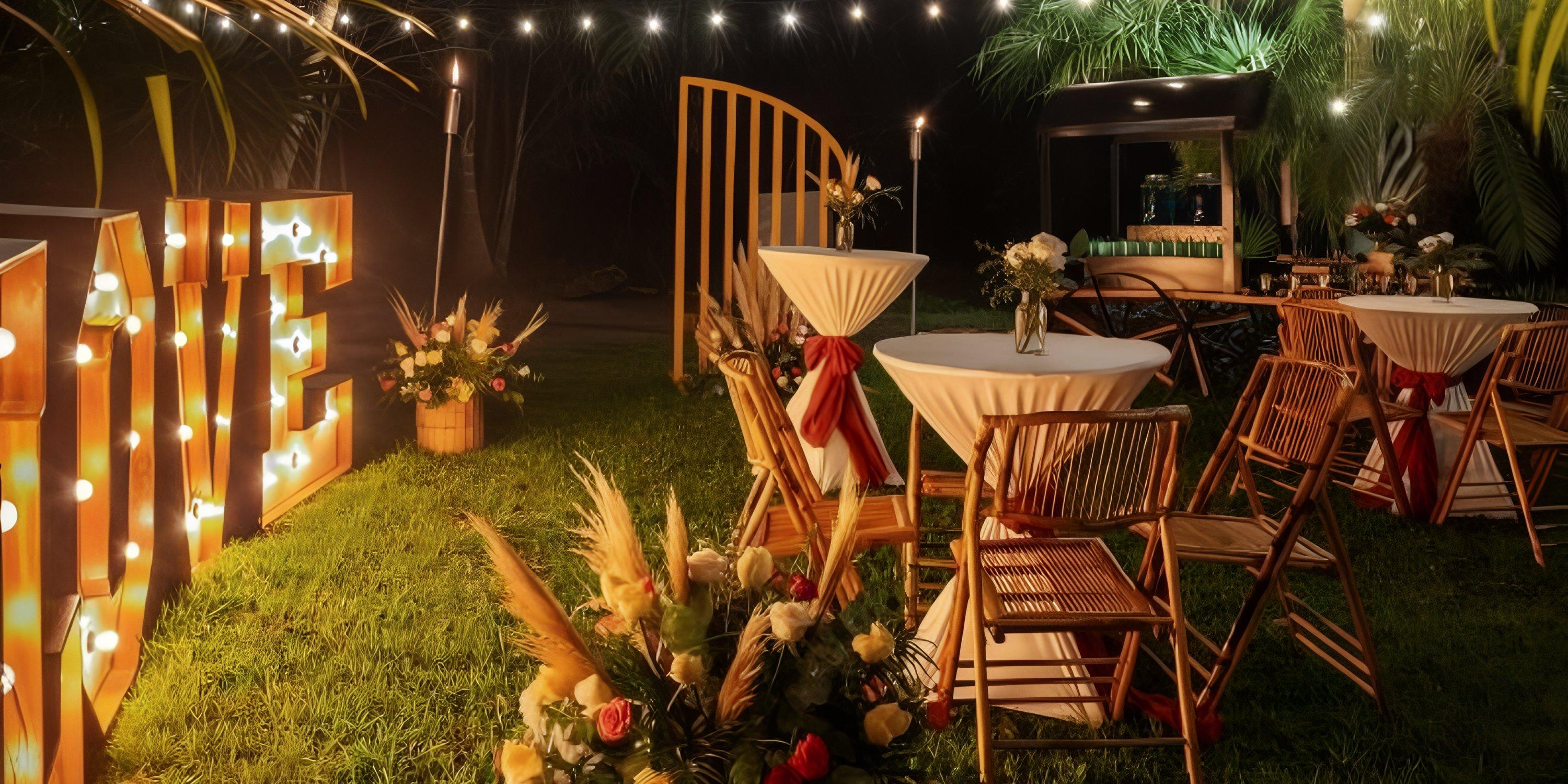 Ocean Riviera Paradise table and chairs set up in a yard, perfect for a destination wedding.