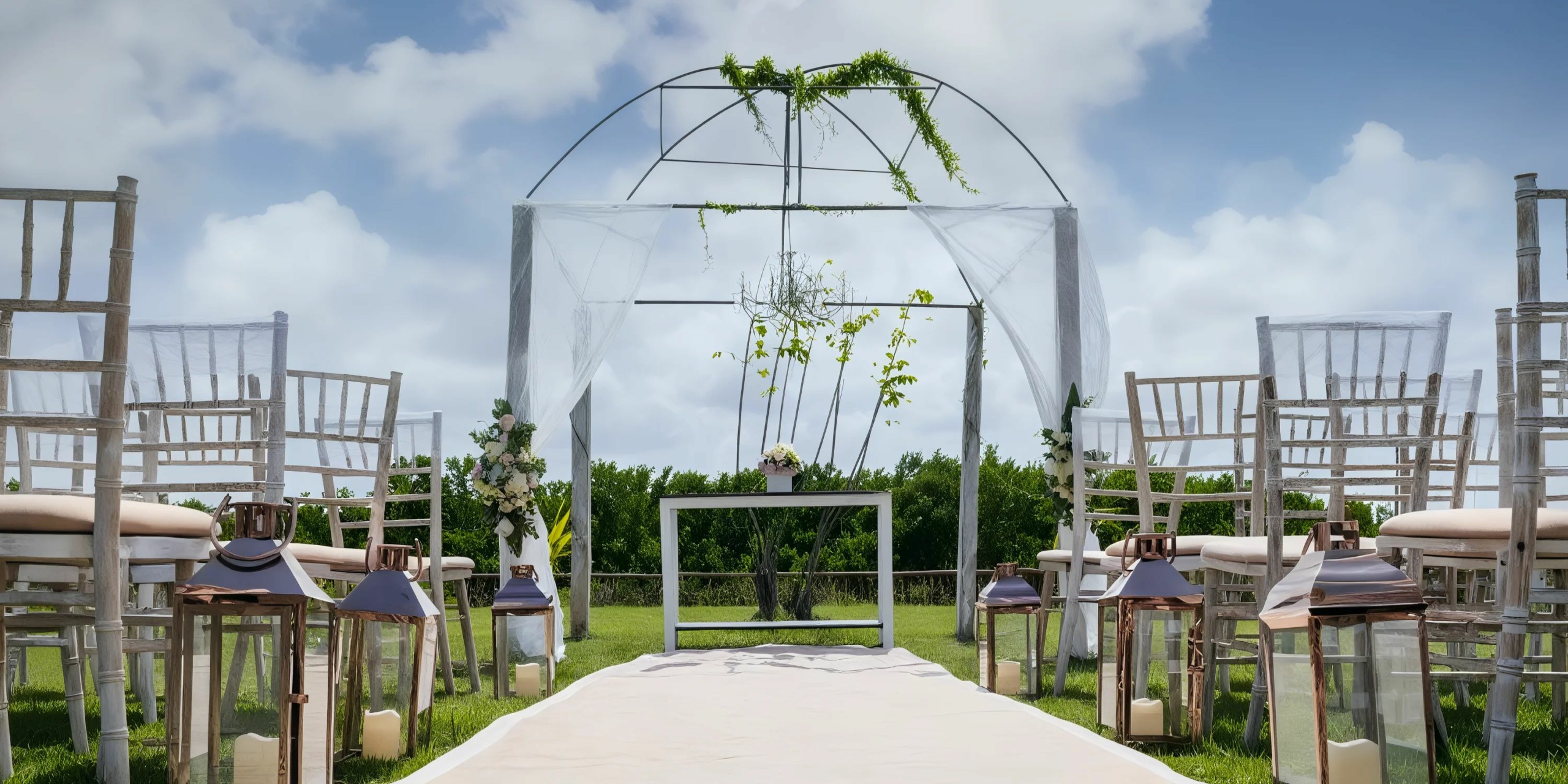 Outdoor wedding setup with rows of white chairs, decorative lanterns, and a floral arch under a partly cloudy sky.