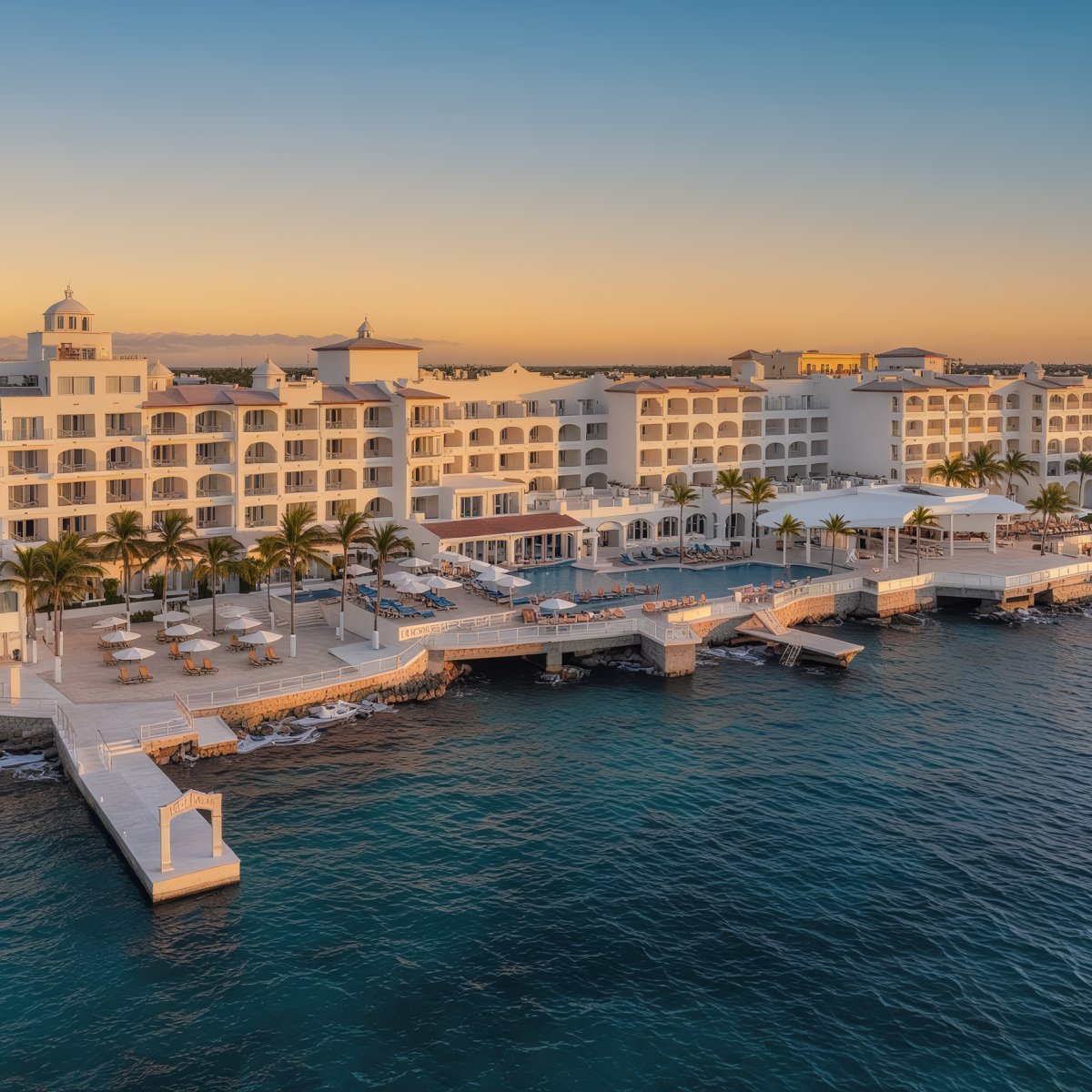 Cozumel Palace: A picturesque seaside resort perfect for a destination wedding, featuring pools, palm trees, and sunlit buildings by the ocean at sunset.