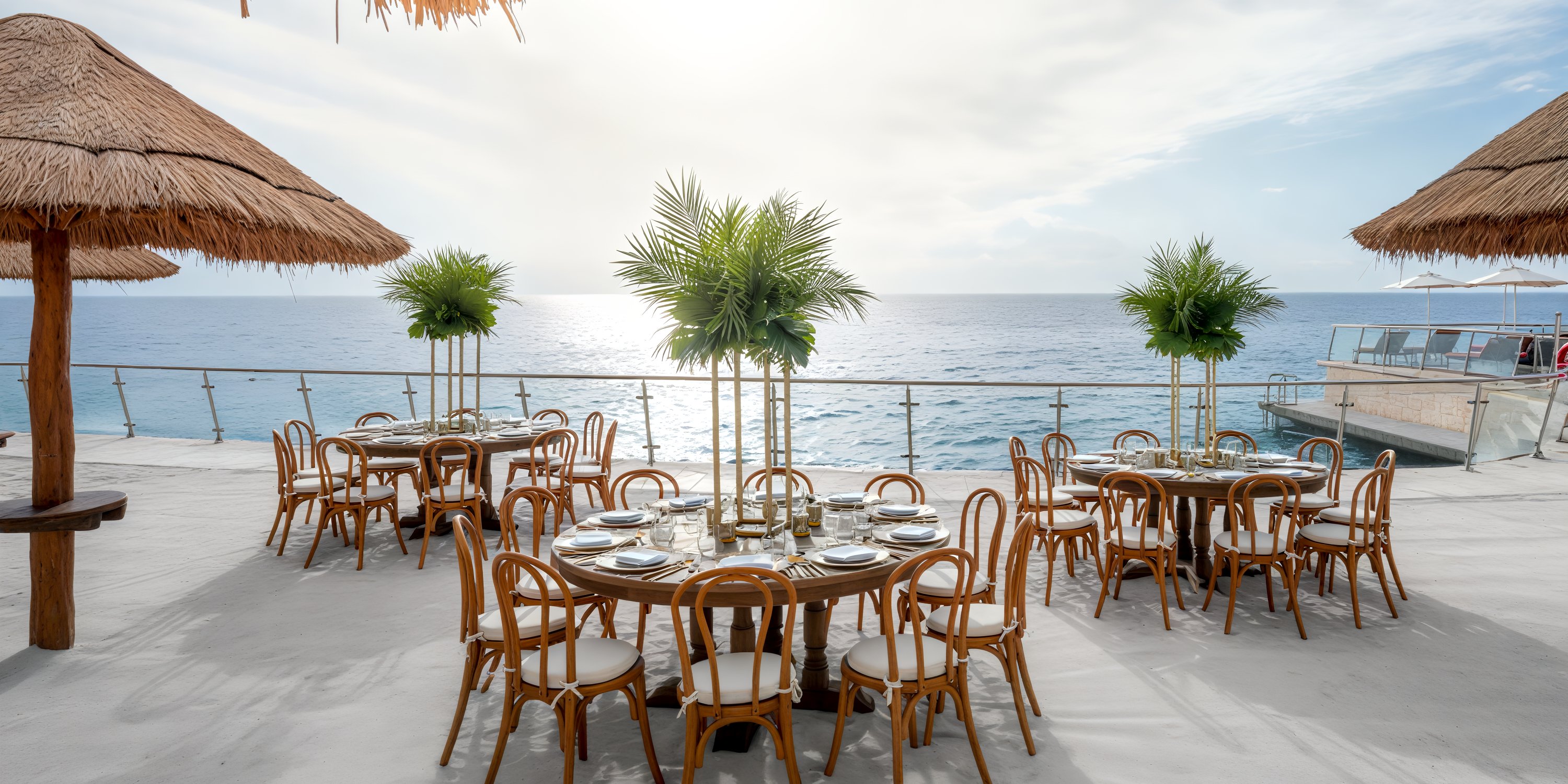 Cozumel Palace offers an idyllic setting for a destination wedding, featuring outdoor dining with round tables, chairs, and palm-themed decor that overlooks the ocean.