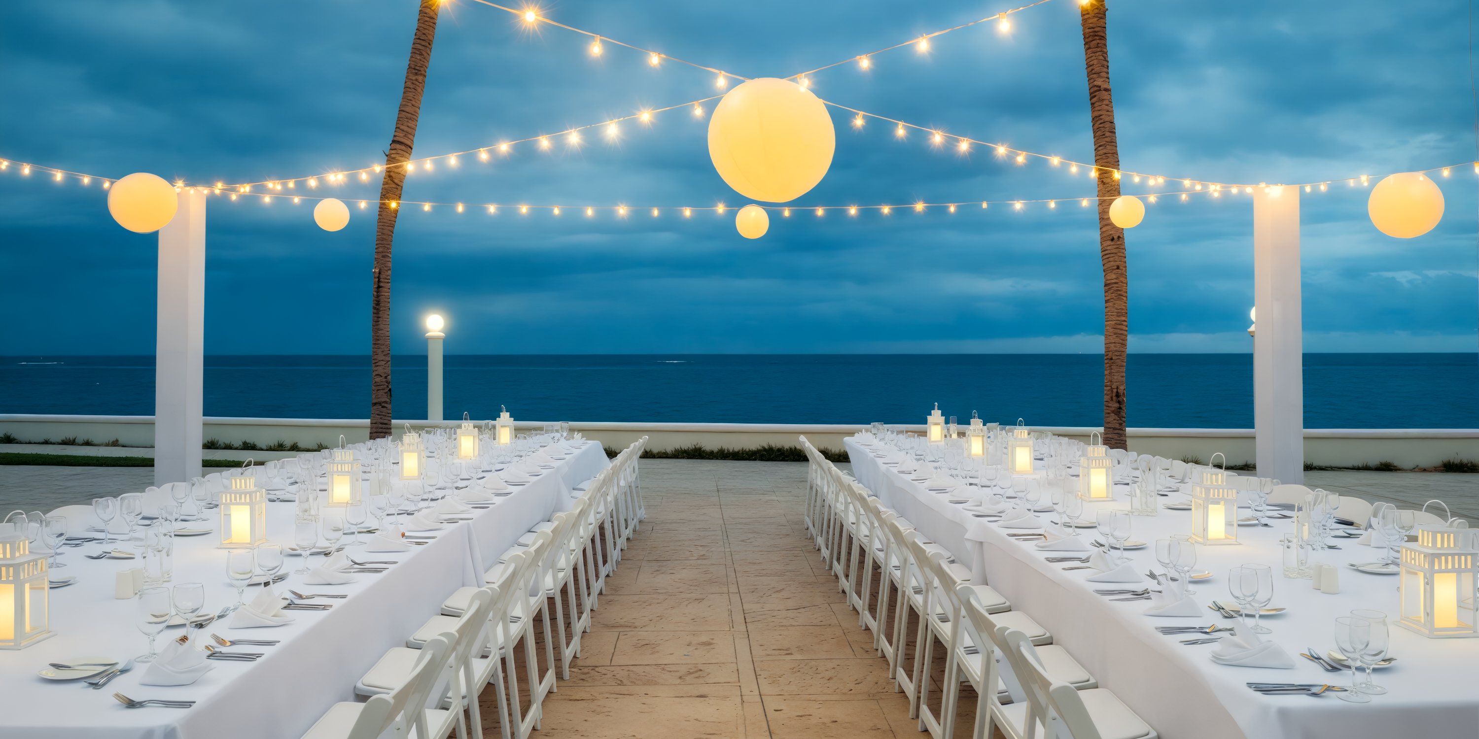 Moon Palace Jamaica provides a stunning oceanfront dining setup, ideal for a destination wedding, featuring elegant string lights and chic white décor.