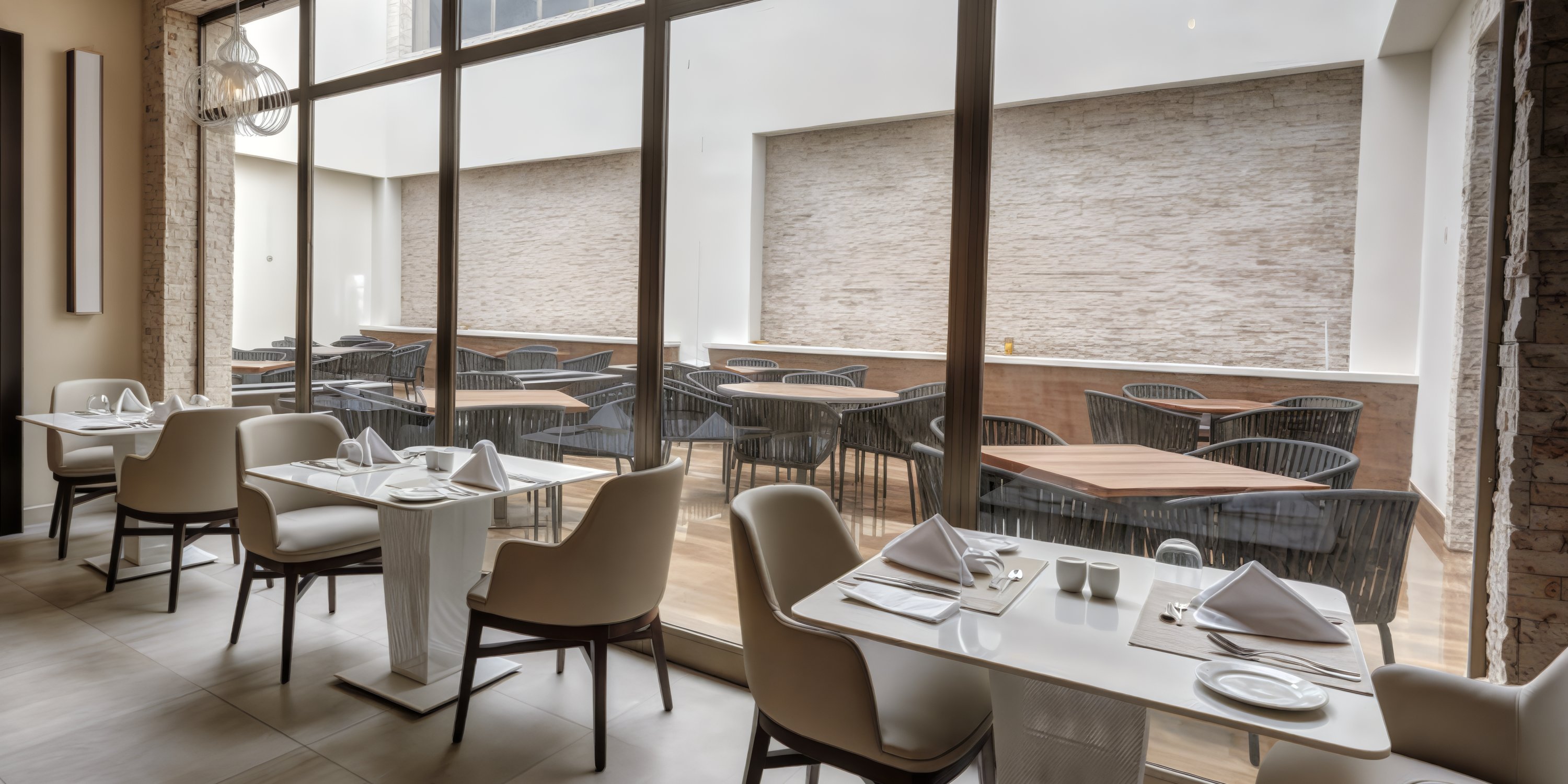 Modern restaurant at Royalton Antigua, ideal for a destination wedding, with glass wall and set tables.