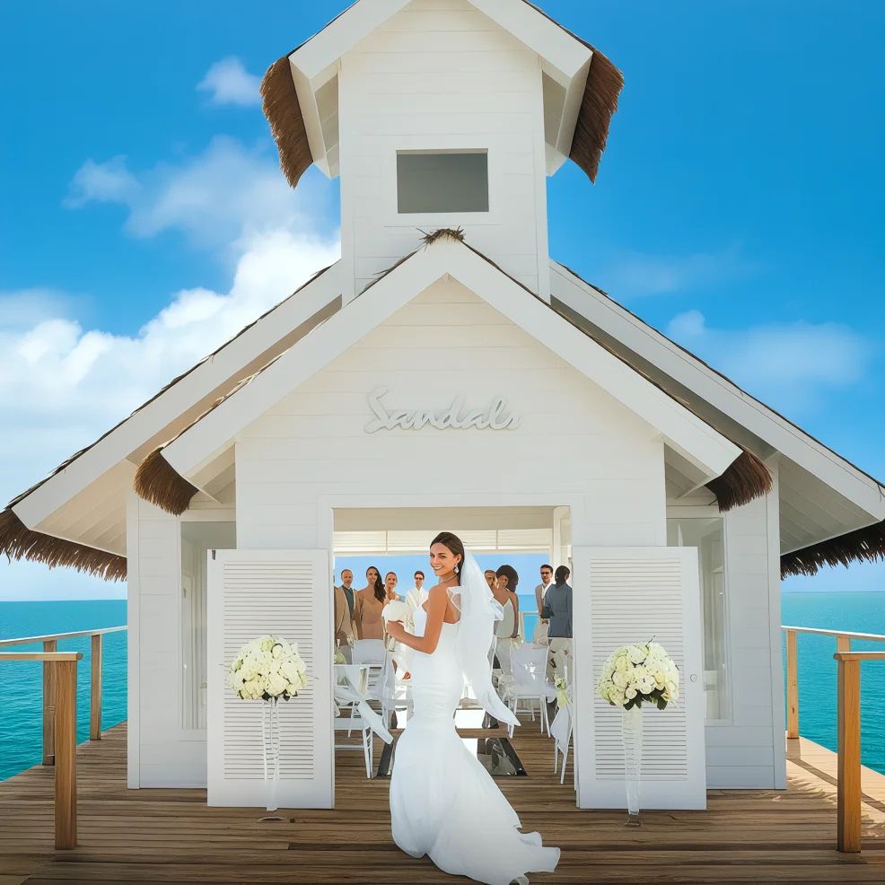 Bride in a white dress poses outside a small white chapel on a pier over the ocean, with guests inside.