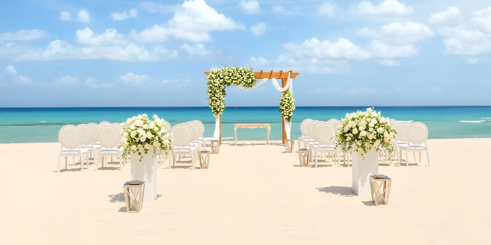 Experience a breathtaking destination wedding at Sun Palace Cancun, featuring an oceanfront ceremony adorned with a stunning floral arch, elegant chairs, and the serene backdrop of a clear sky.
