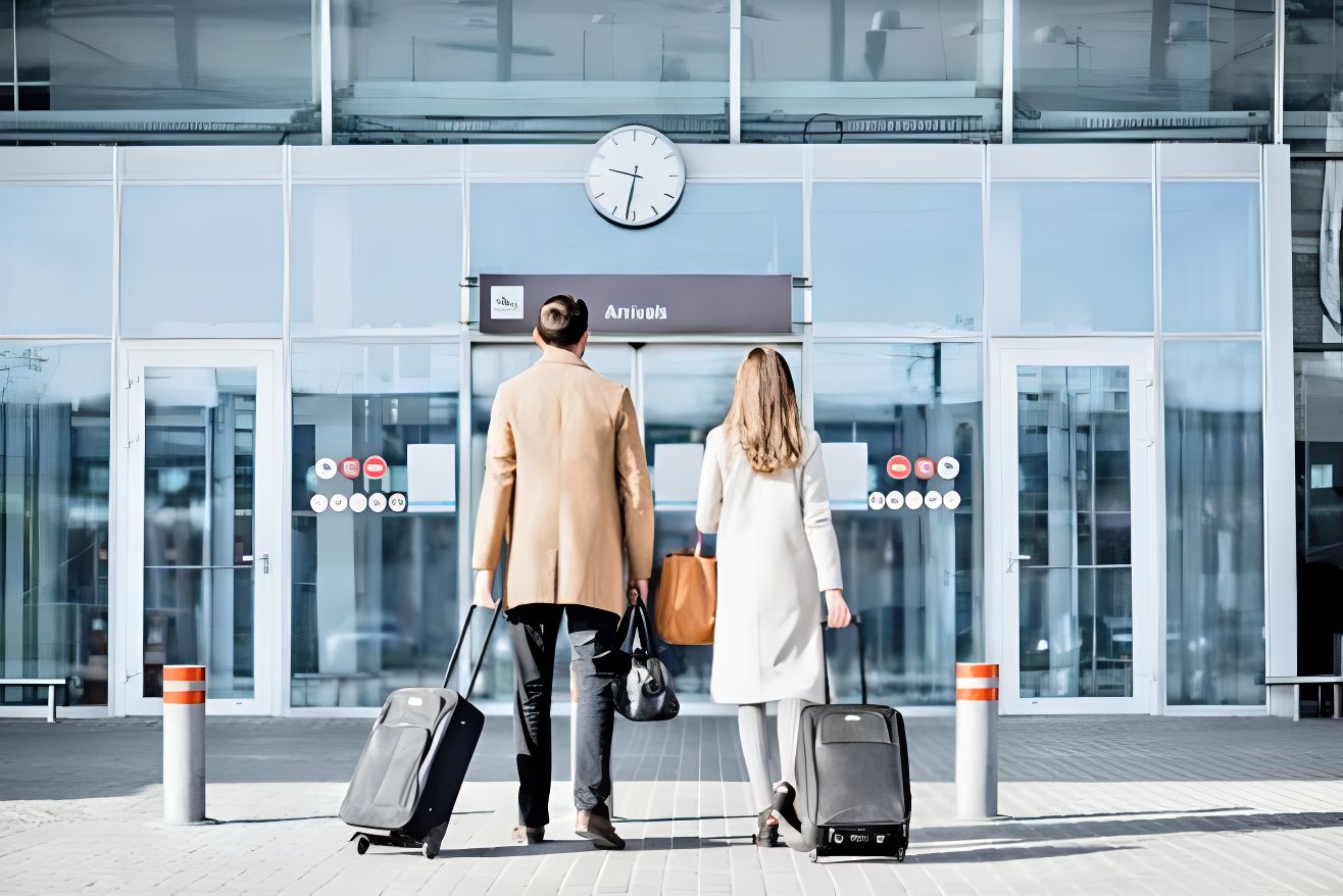 A man and a woman enter an airport with their rolling luggage