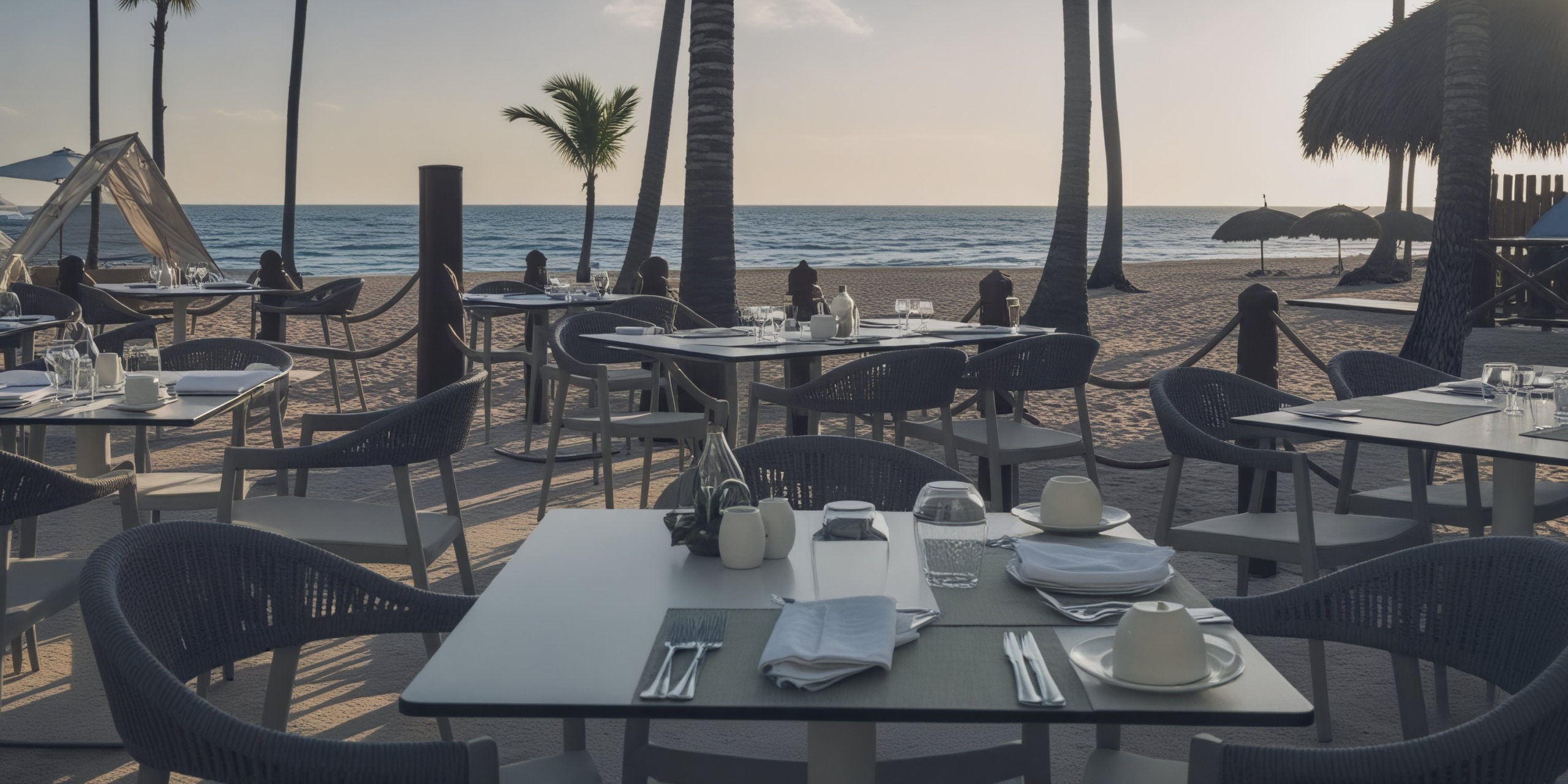 A stunning beachside restaurant, perfect for a destination wedding, featuring tables and chairs elegantly arranged under swaying palm trees as the sun sets in the background.