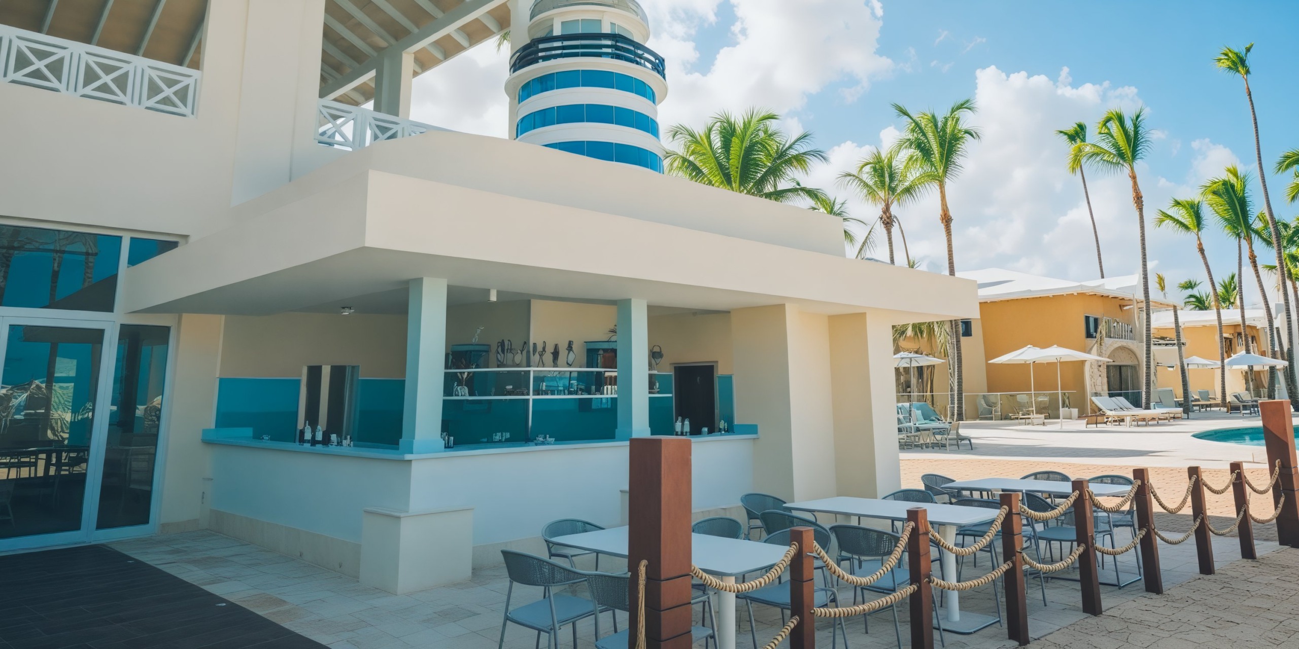 An outdoor resort bar featuring tables and chairs offers a stunning poolside view under a clear sky, providing the perfect setting for a destination wedding reception.
