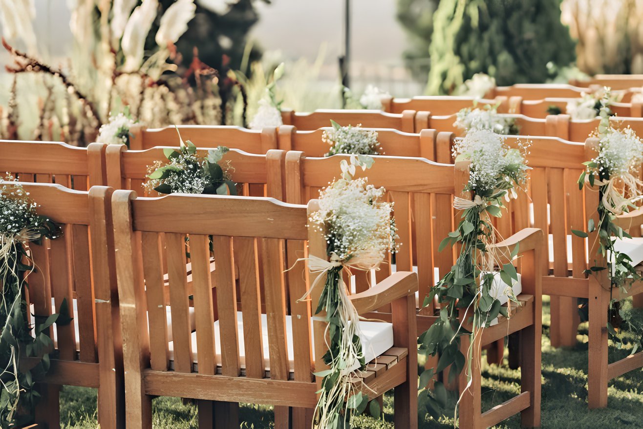 Chairs set up for the pre ceremony of a destination wedding ceremony