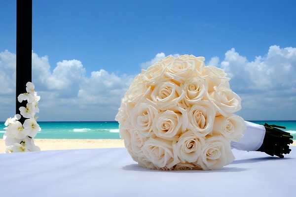 White roses elegantly adorned the table, set against the breathtaking backdrop of the ocean and a cloudy sky at Royal Hideaway Playacar—the perfect setting for a destination wedding.