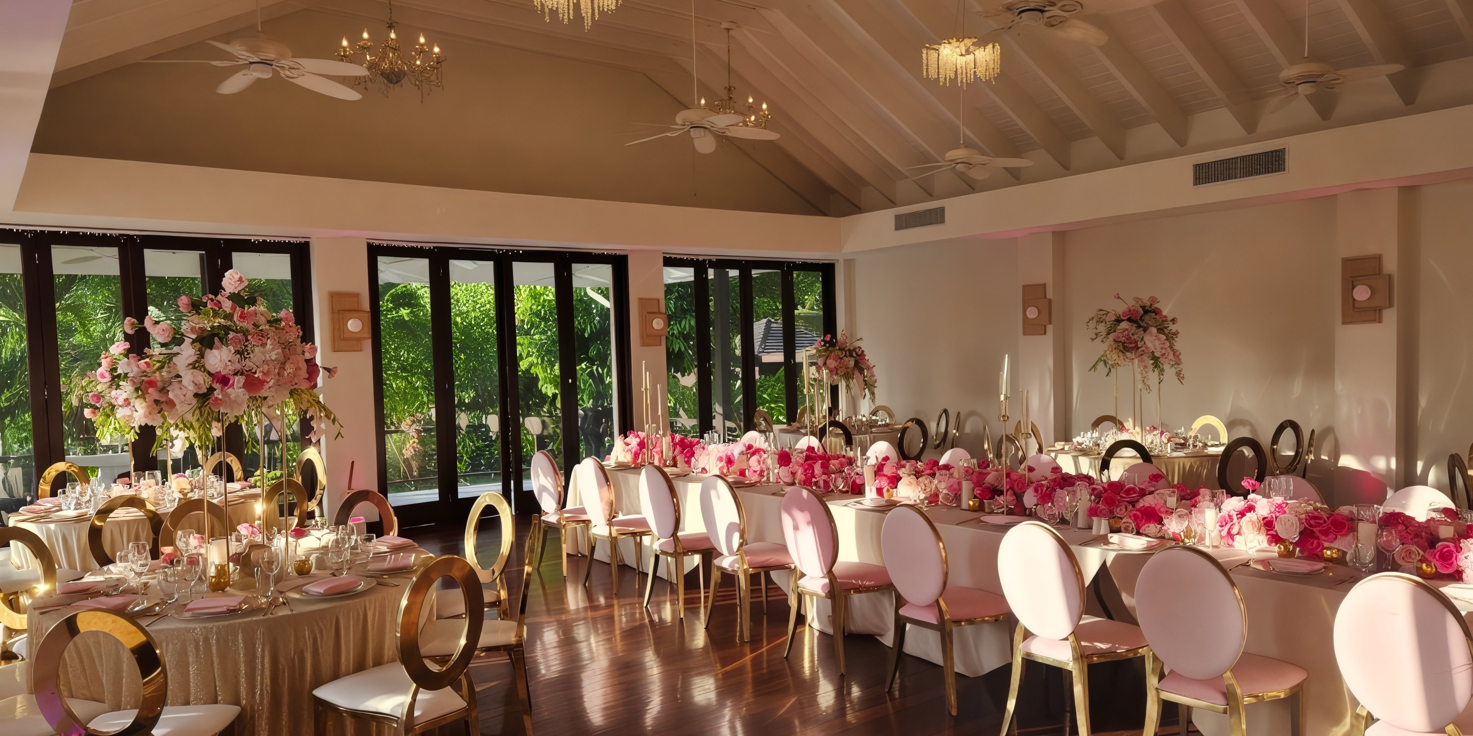 Zoetry Marigot Bay St. Lucia features wedding banquet halls adorned with pink and white floral decor.