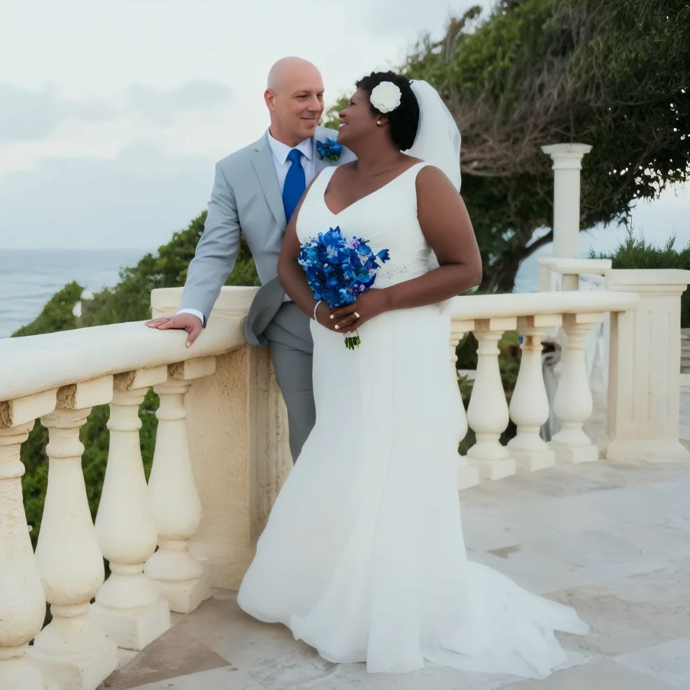A couple stands on a terrace by the ocean. The bride holds a bouquet of blue flowers and wears a white dress and veil; the groom is in a light gray suit with a blue tie.