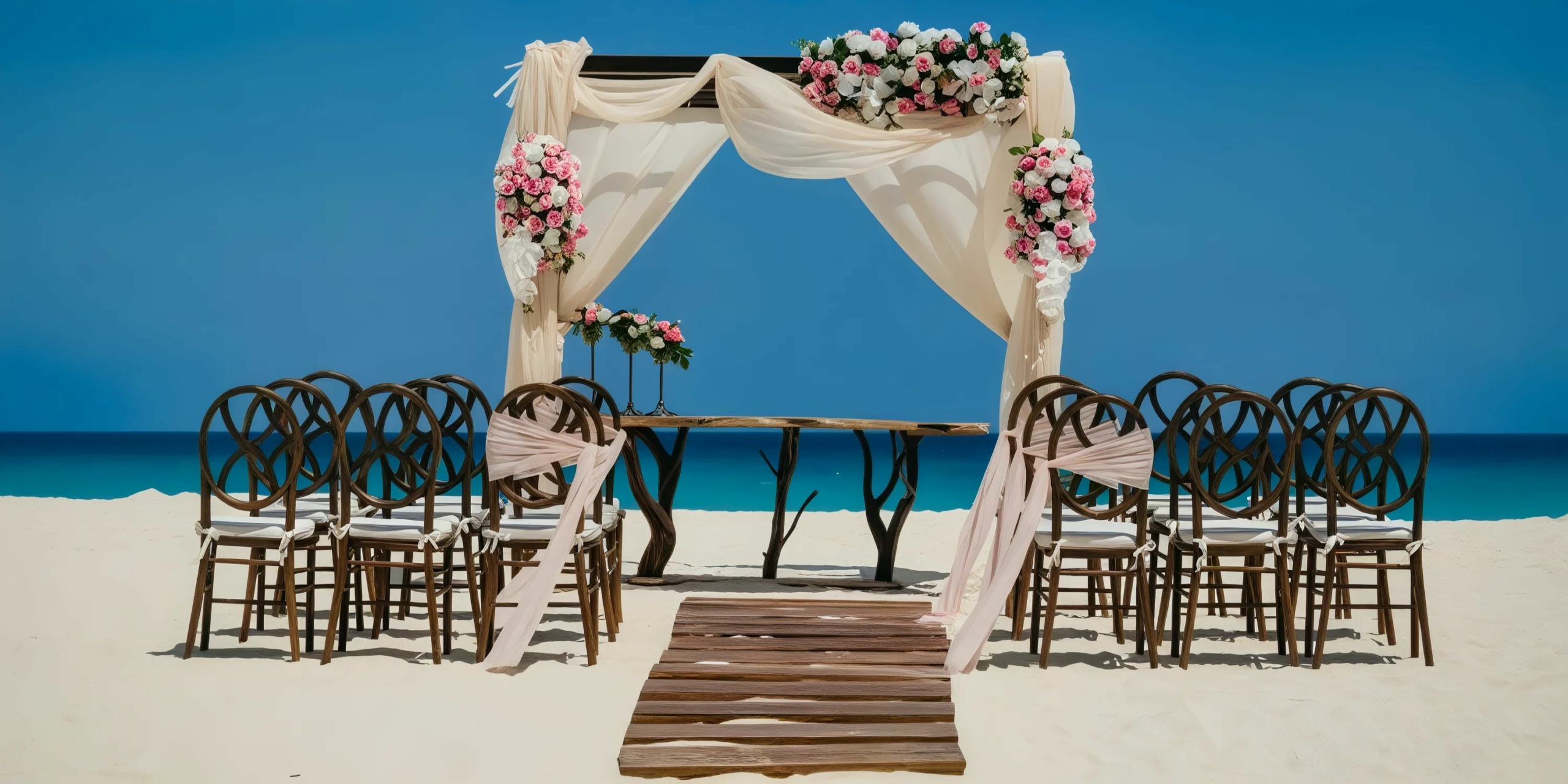 Beach wedding setup with an arch decorated with white drapes and pink flowers, wooden chairs on both sides, and a wooden walkway on the sand. Blue sky and ocean in the background.