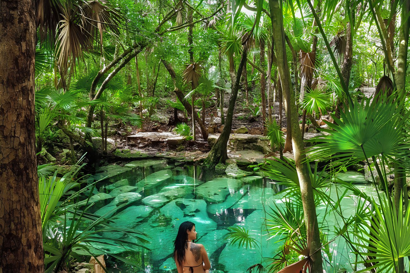 A woman sits in one of the most popular cenotes in Cancun Cenote Azul