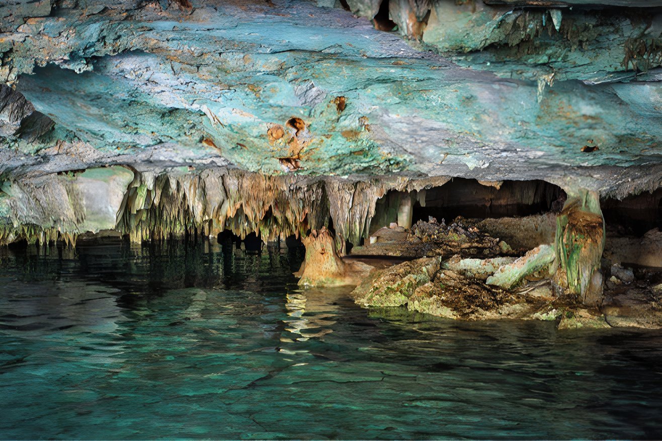 Underwater cavern in the darkness, great spot for snorkeling