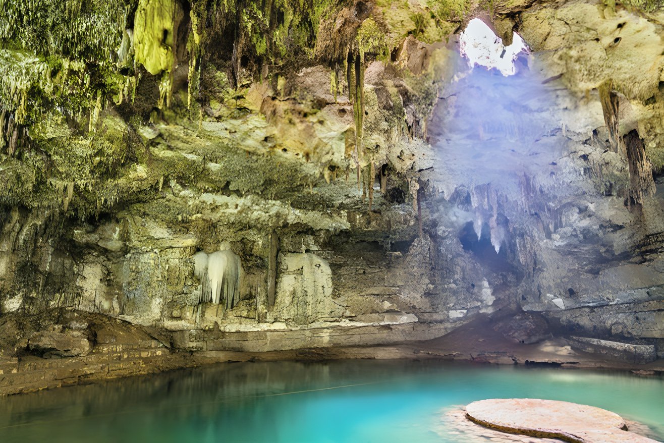 A light comes from the ceiling of this watery cave