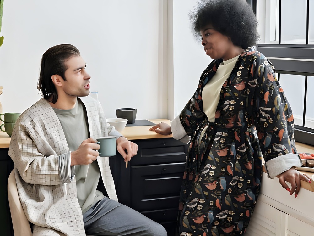 Two people, each in cozy robes and sipping coffee in a modern kitchen, chat about the most memorable wedding proposal ideas—including epic destination wedding plans.