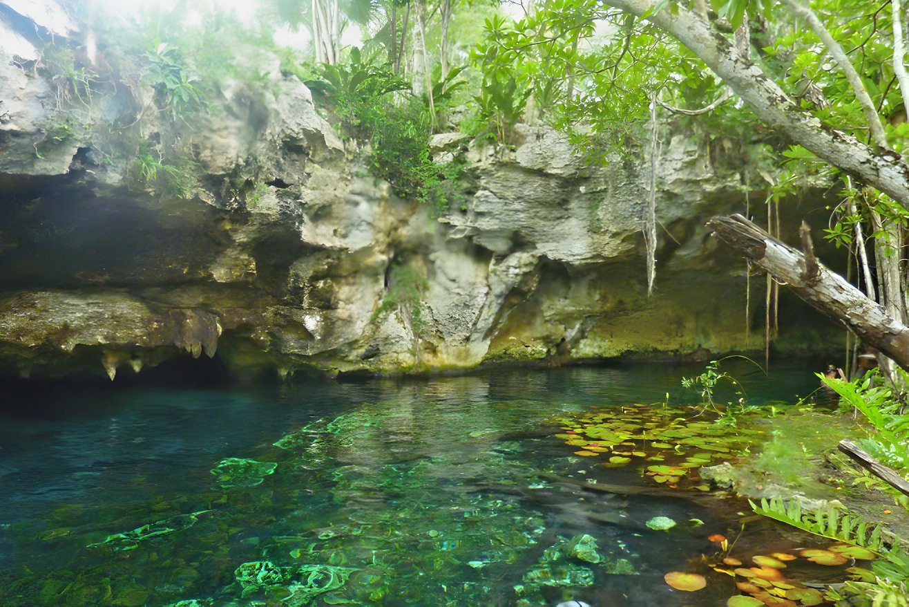 The verdant and green cave at Gran Cenote in Cancun