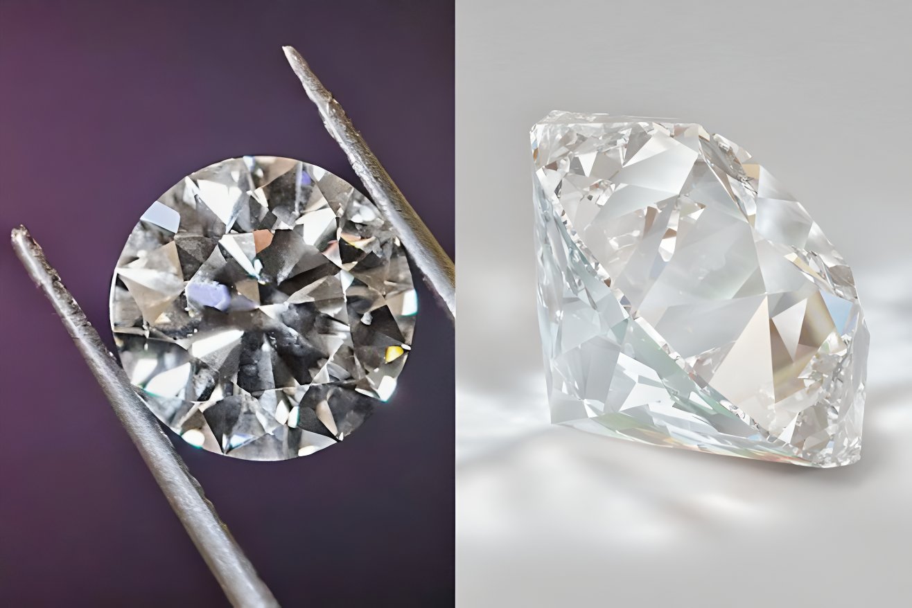 A lab grown diamond on the left and a natural diamond on the right