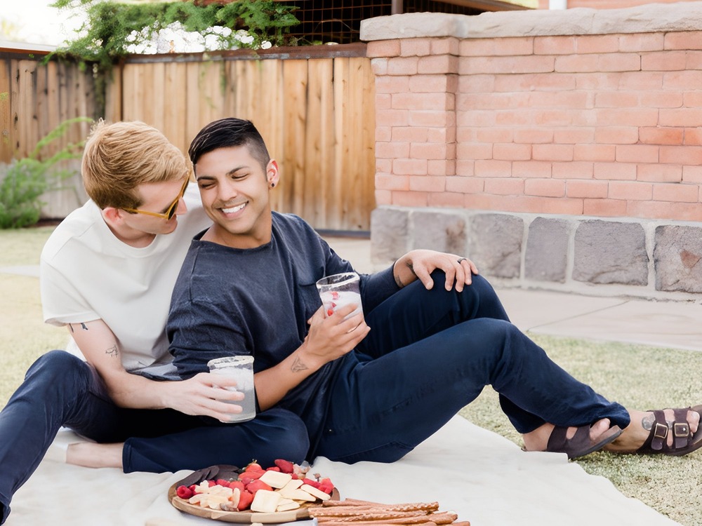 Two people sit on a blanket, smiling with drinks in hand—an idyllic scene that's perfect for memorable wedding proposal ideas or even a destination wedding inspiration.