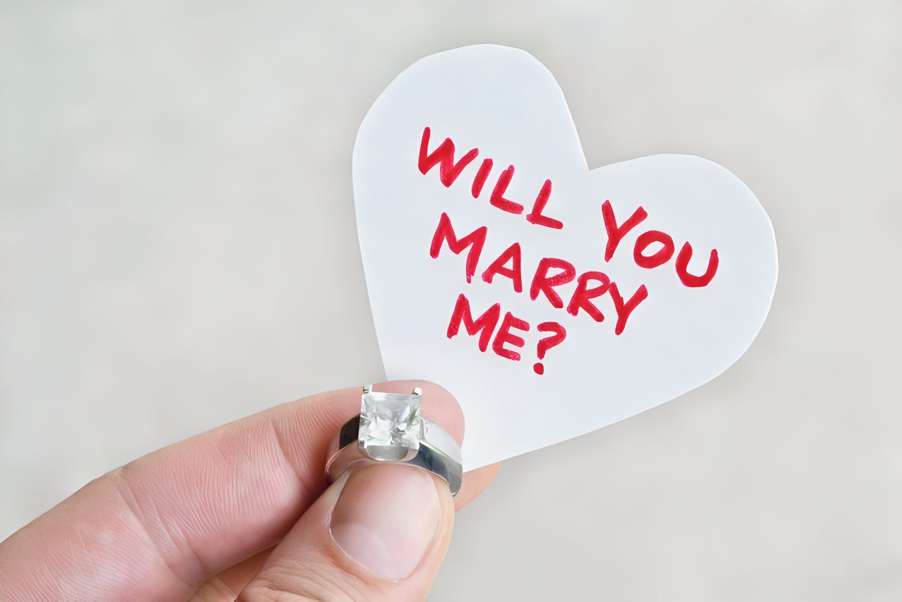 A little heart cutout that says 'Will You Marry Me' 