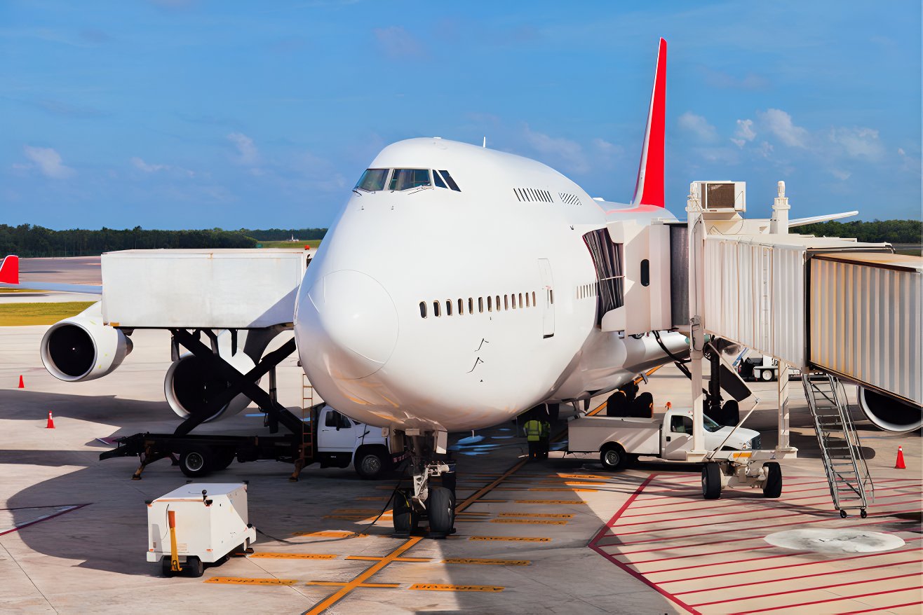 Airplane at an airport ready for takeoff