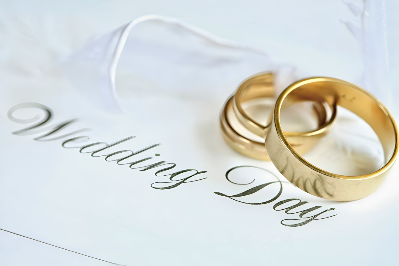 Wedding rings on a card titled 'wedding day'