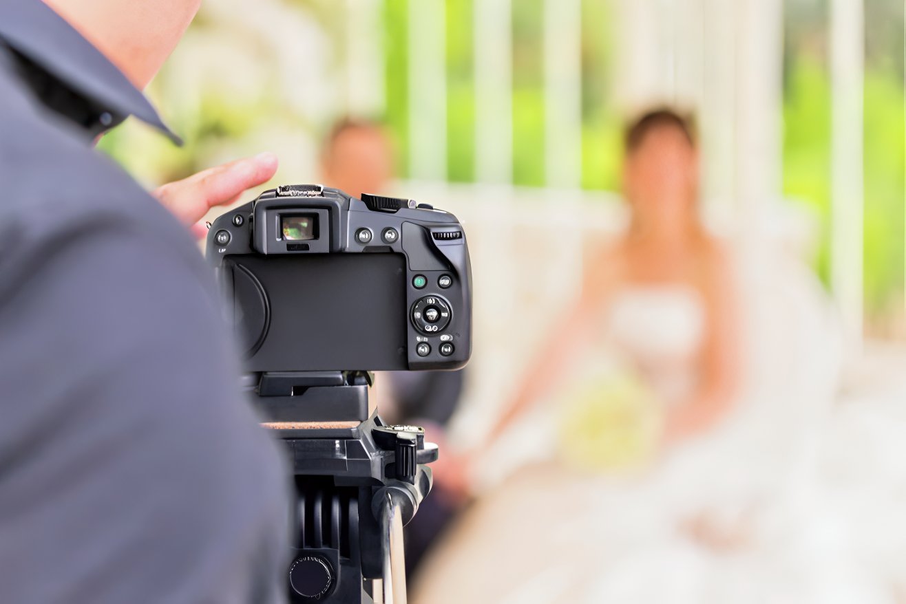 A professional photographer snaps pictures of a wedding couple