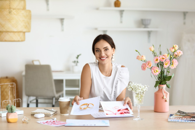 A wedding coordinator sits behind a desk