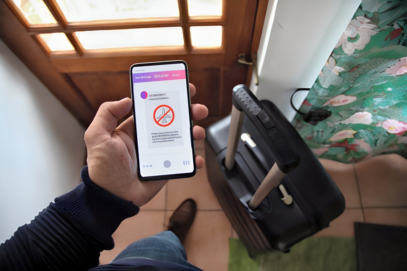 Person using a phone finding out about their flight cancellation