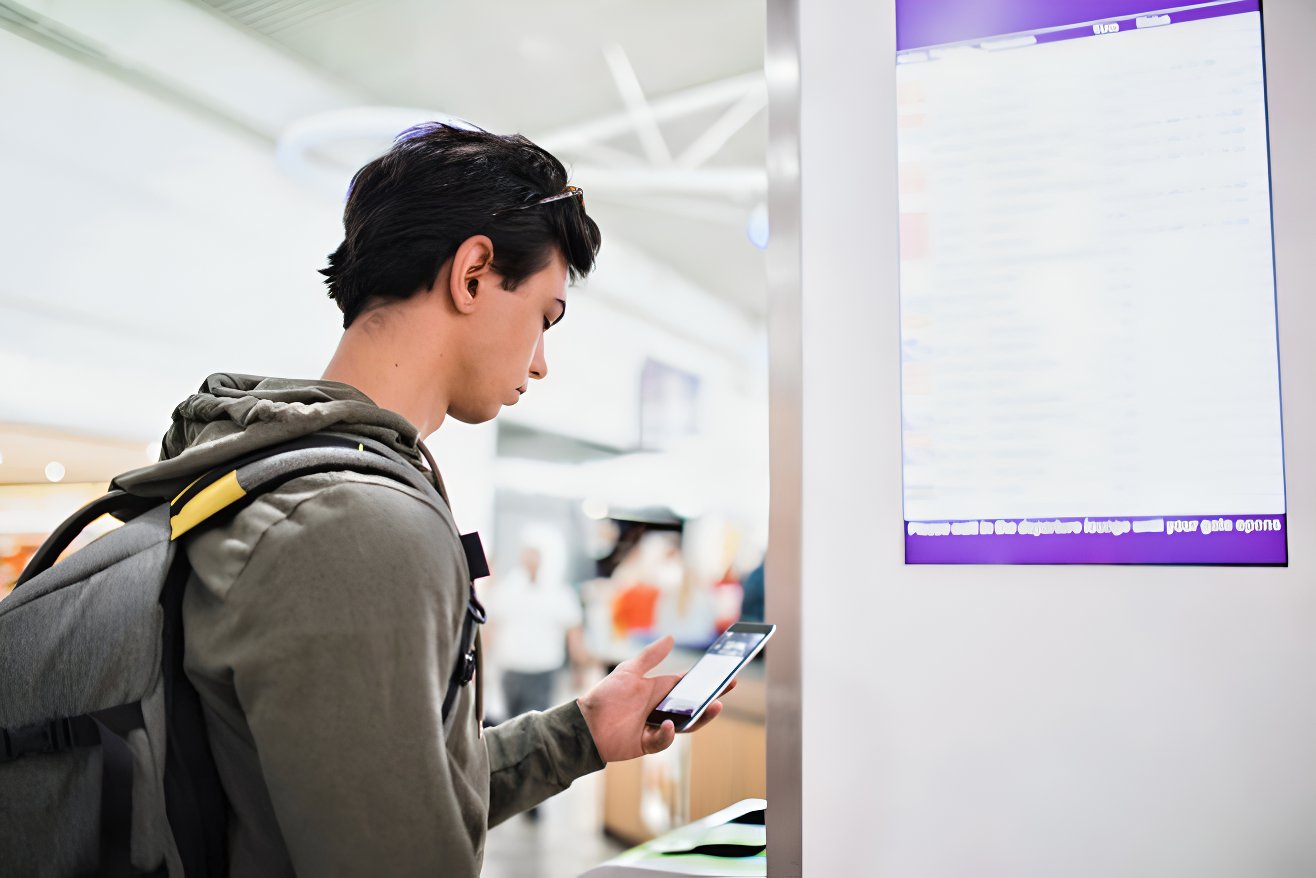 Man on his phone finding out about his flight cancellation