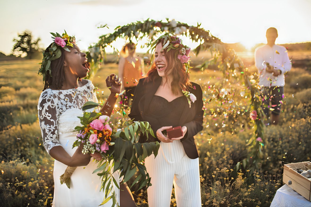 Two people in non-traditional clothing after their gender neutral wedding