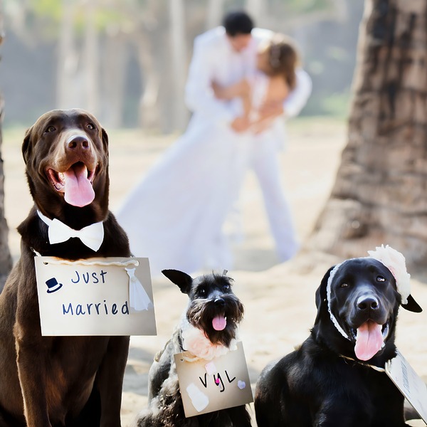 Dogs at a pet friendly wedding resort, while their parents kiss at their wedding