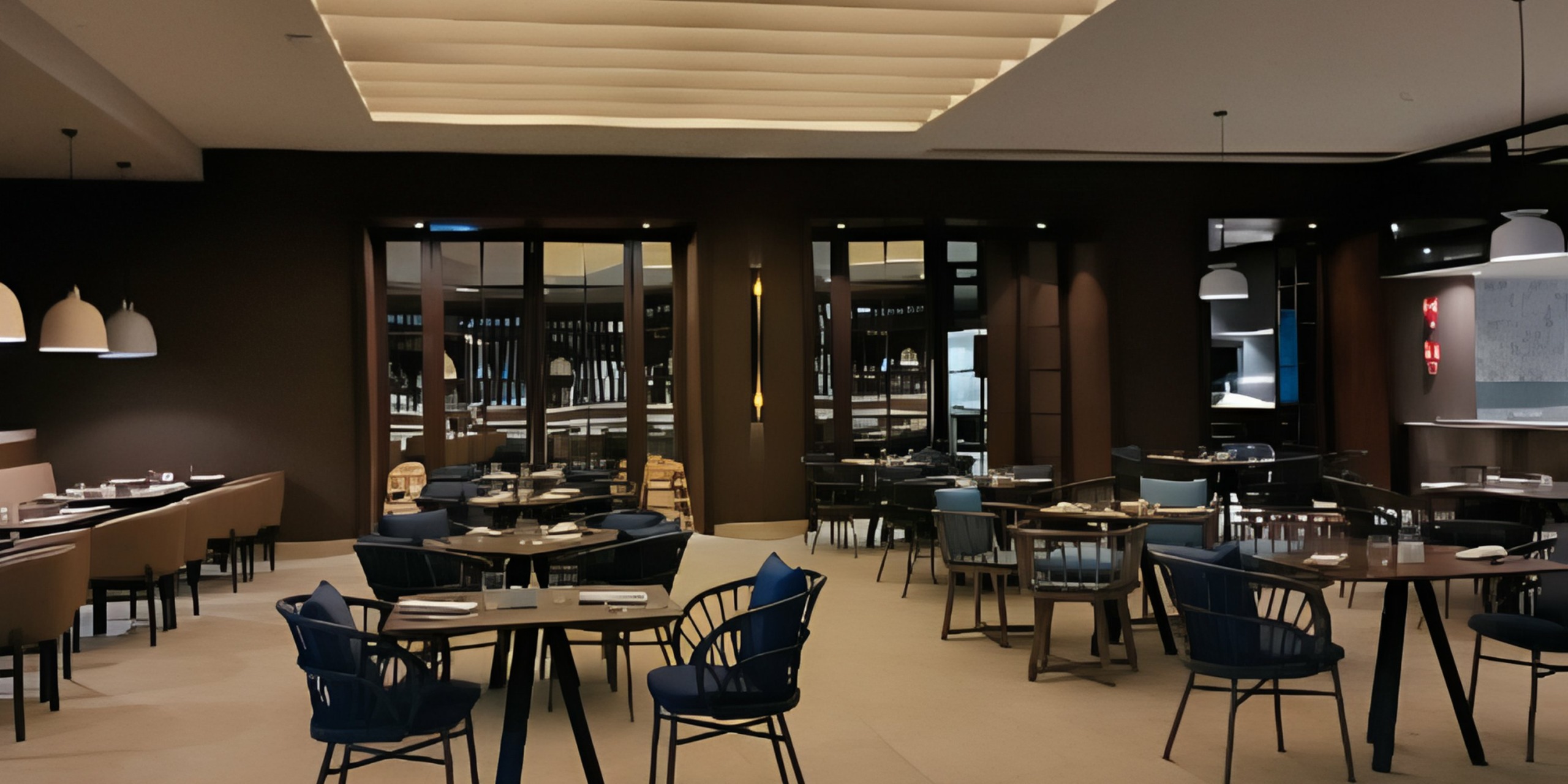 The interior of the Royalton Splash Riviera Cancun with tables and chairs.