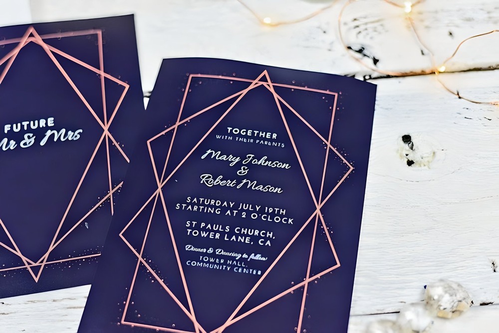 Navy and rose gold geometric destination wedding invitations displayed on a white wooden surface.