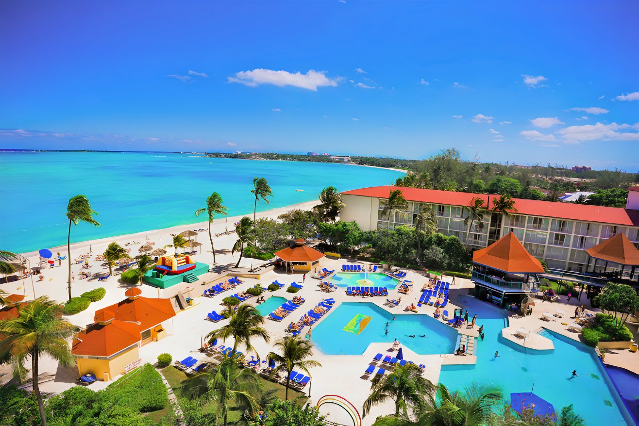 Aerial view of Breezes Bahamas on a gorgeous day