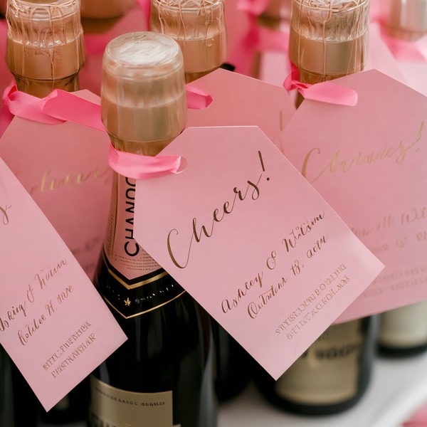 Champagne bottles adorned with pink gift tags make the perfect wedding favors, especially for a destination wedding.