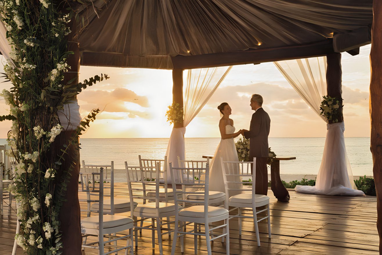 Sunset destination wedding in a wedding gazebo