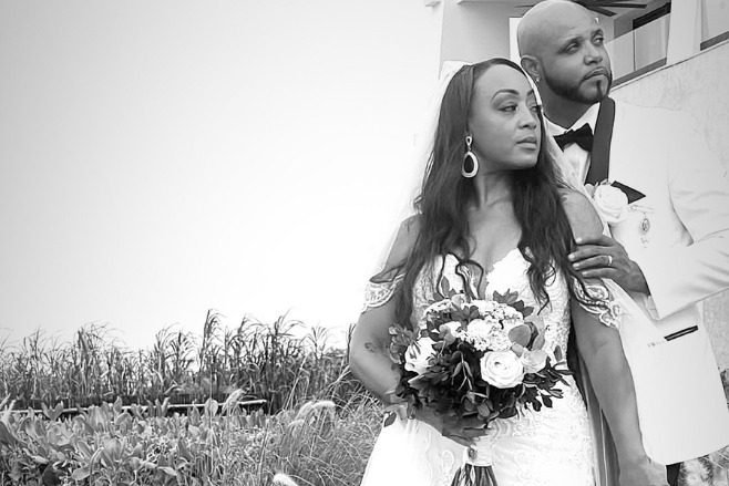 Black and white photo of a gorgeous destination wedding couple