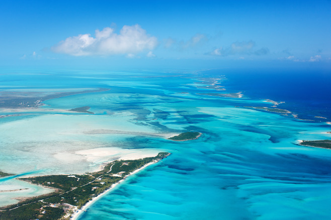 Aerial view of the gorgeous blue seas around the Bahamas