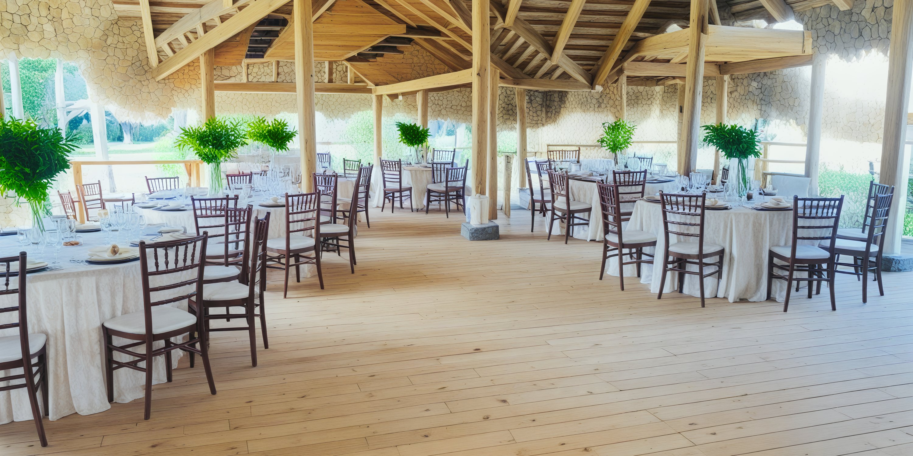 Dreams Flora offers an ideal setting for a destination wedding with its spacious dining area featuring round tables adorned with elegant white cloths and complemented by tall potted plants.