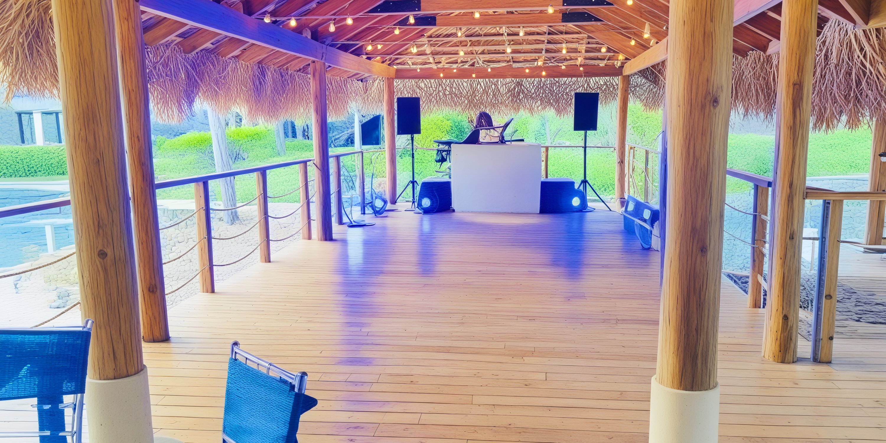 Dreams Flora provides the perfect setting for a destination wedding with its charming wooden deck, complete with a DJ booth nestled under a thatched roof adorned with string lights.