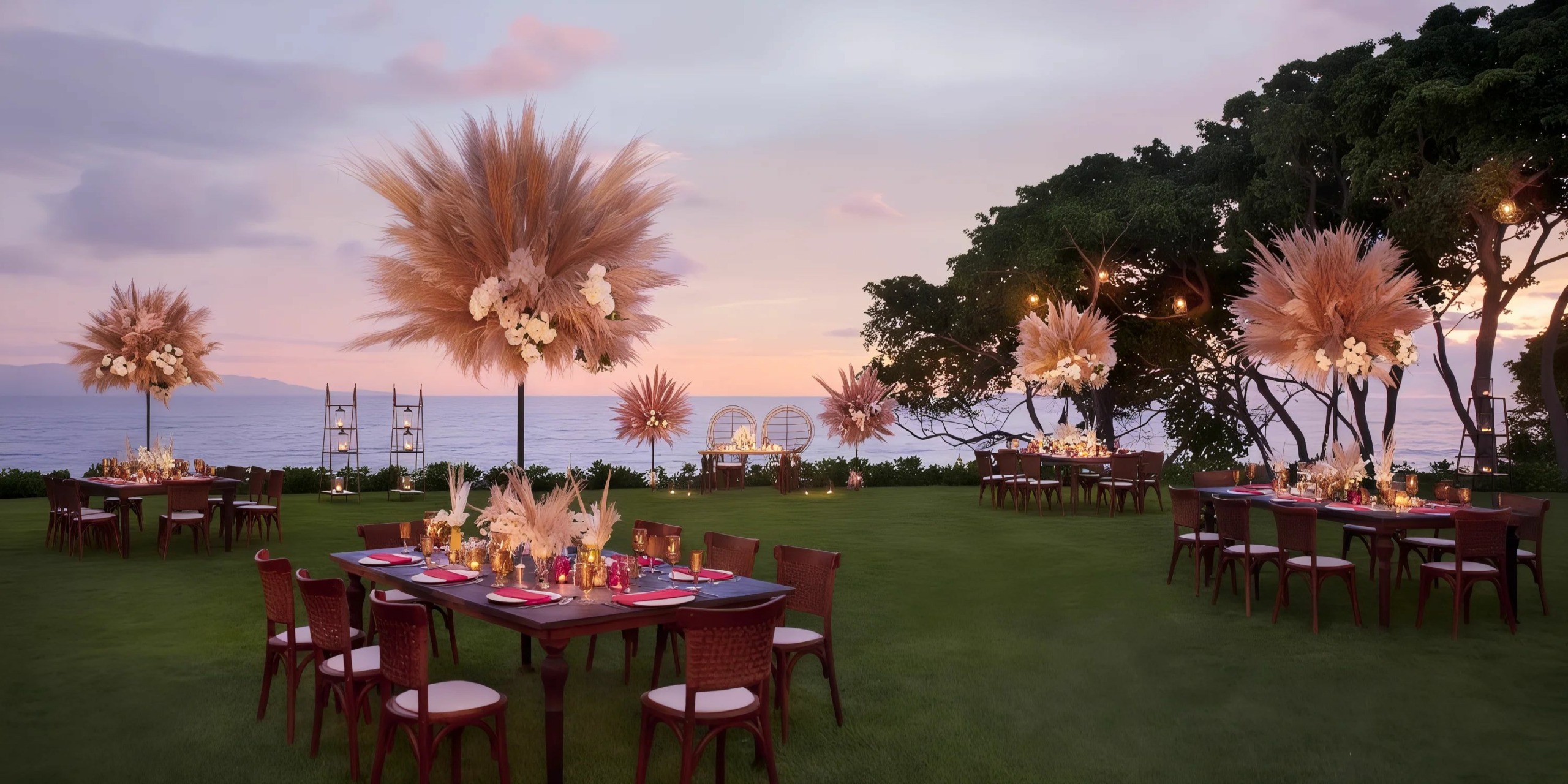 Outdoor dining setup with tables and chairs on a lawn, decorated with flowers and lights. A scenic ocean view is in the background, framed by trees.