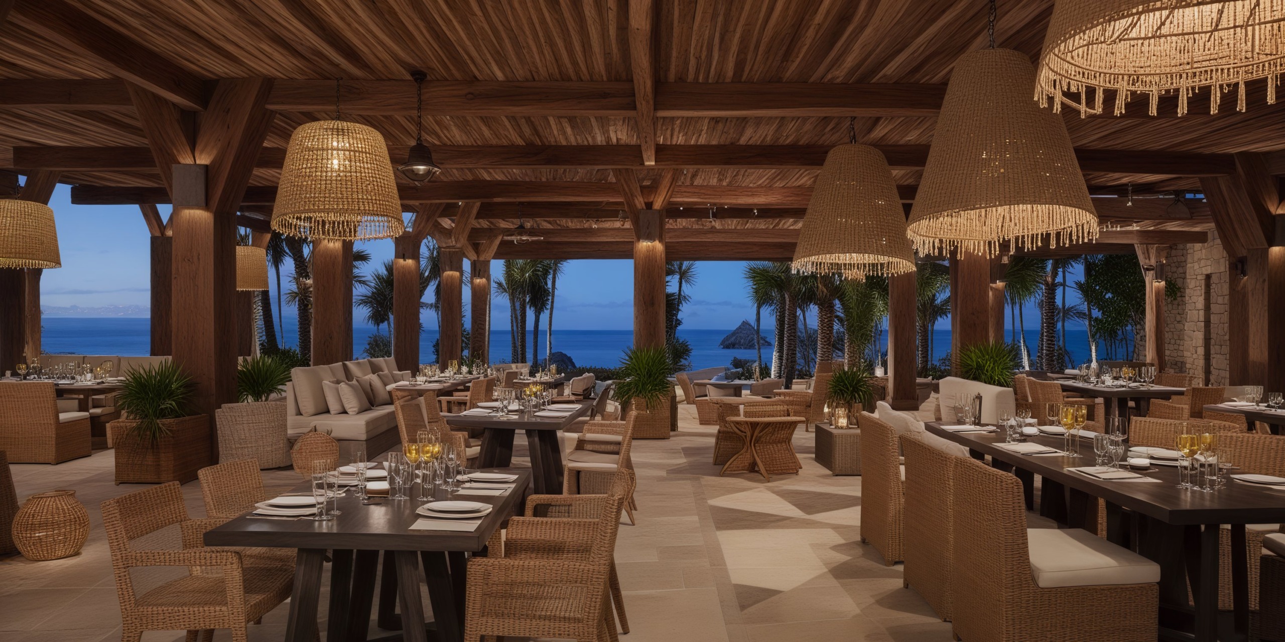 An outdoor restaurant adorned with woven decor offers a picturesque ocean view at dusk, making it an ideal setting for a destination wedding.