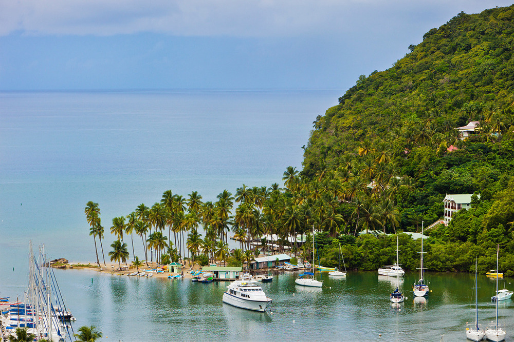 Marigot Bay marina, dotted with yachts