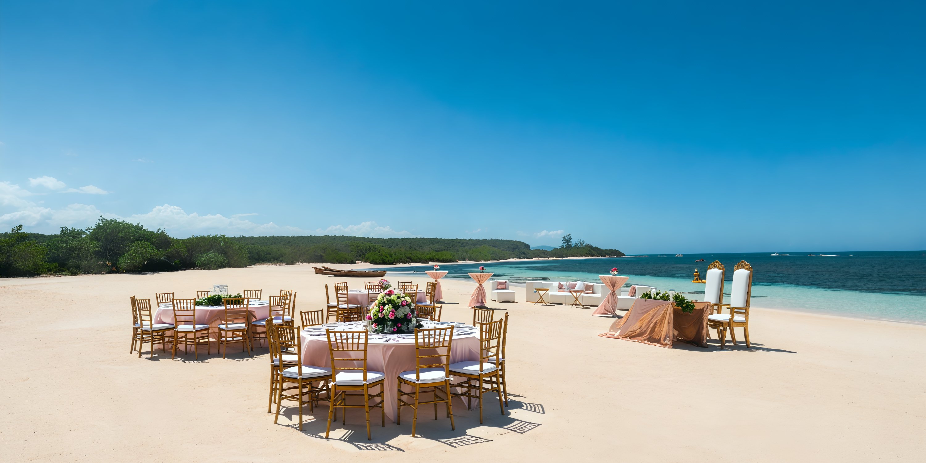 Ocean Coral Spring transforms into a breathtaking destination wedding venue, featuring elegantly arranged tables and chairs by the ocean.