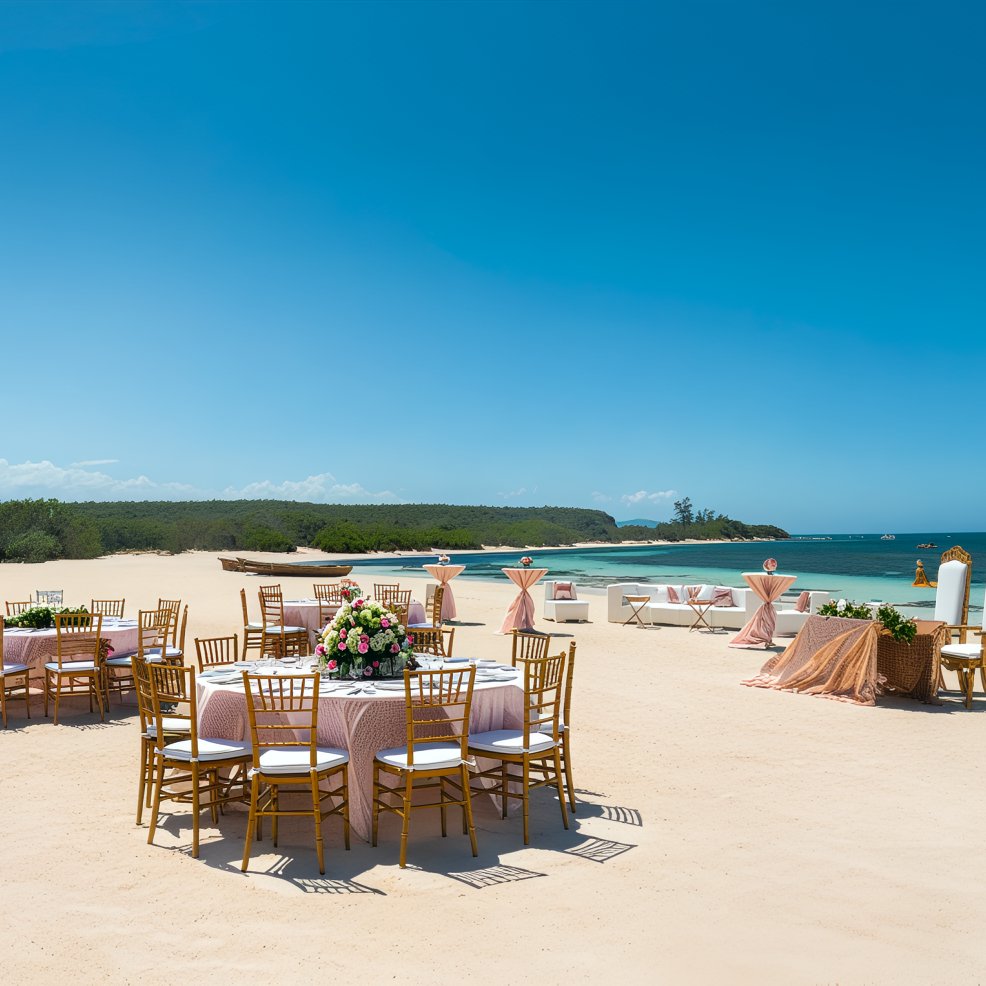 Under a clear blue sky, Ocean Coral Spring is elegantly set up for a destination wedding, with tables, chairs, and stunning decor.