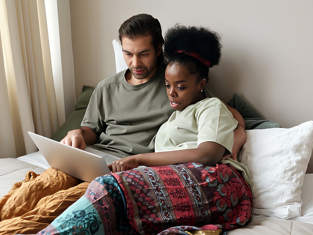 A couple sits together on their bed, browsing wedding and destination wedding websites on their laptop.