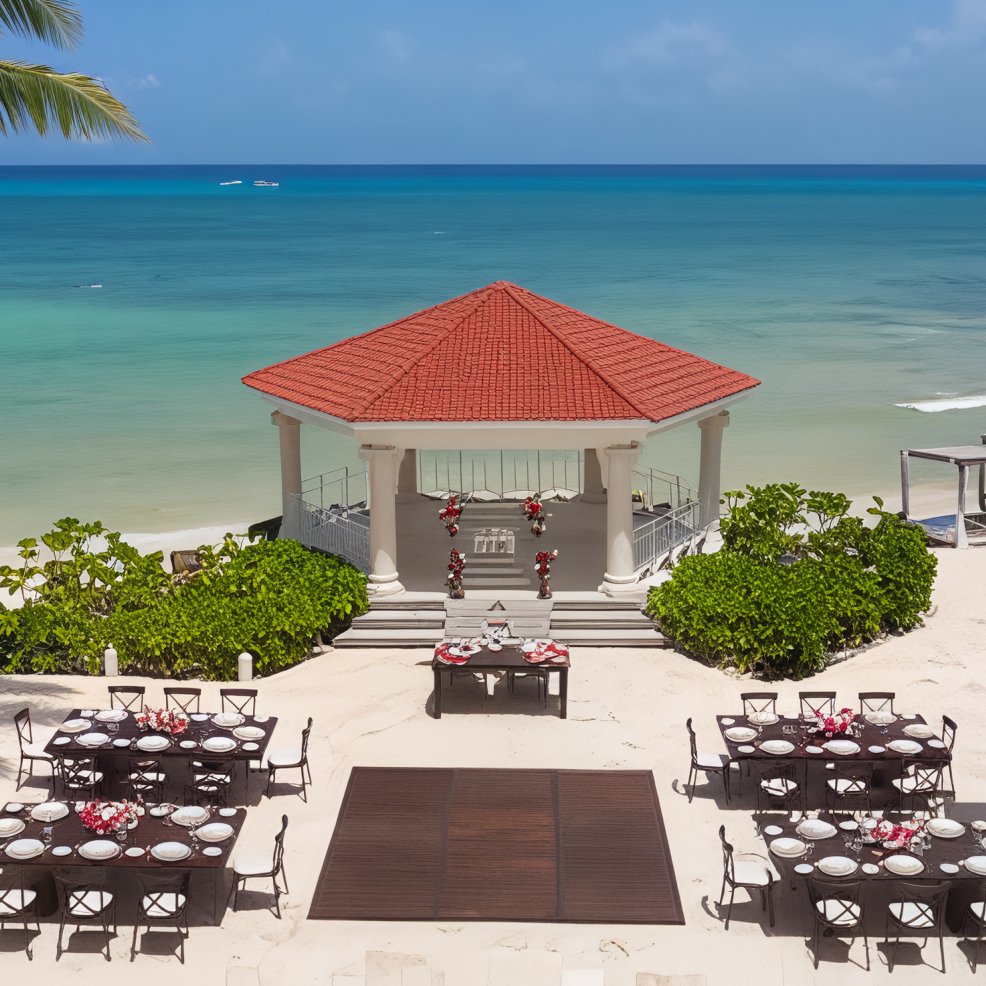 Beachfront gazebo with a red roof and dining tables set up for a destination wedding celebration.